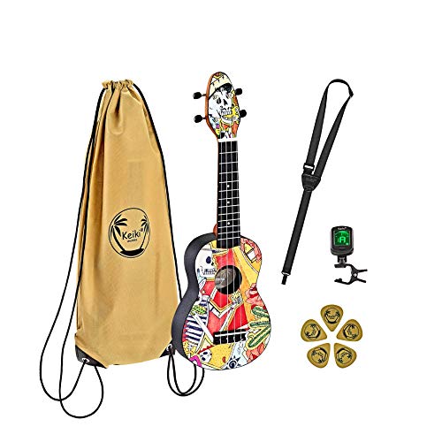 Ortega Guitars Ukelele Soprano - Keiki K2 con diseño de Esqueleto - incluye afinador, 5 puas de grosor medio y funda estilo bolsa con cuerdas con logo Keiki - madera de Kauri, K2-EM