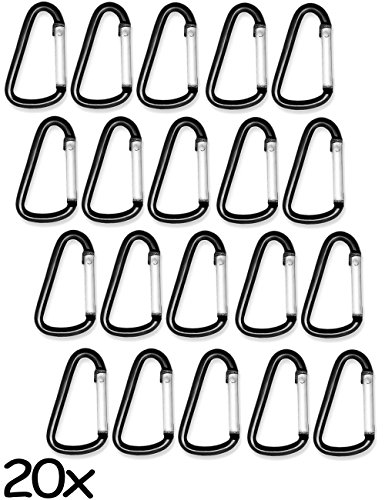 Outdoor Saxx® – 20 mini mosquetones de aluminio, ganchos de mosquetón para fijación de equipos en mochila, cinturón, tienda de campaña, canoa, llavero, 4 cm, negro, pack ahorro de 20
