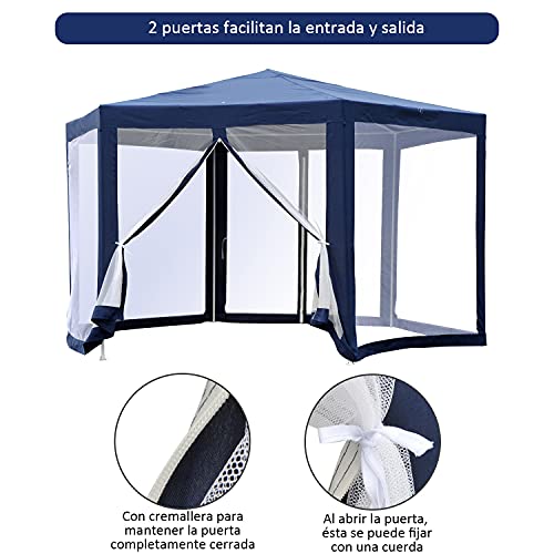 Outsunny Carpa Gazebo Tipo Cenador Hexagonal con Mosquitera para Jardín y Terraza Ø3,9 m Material de Poliéster Repelente al Agua (Azul)