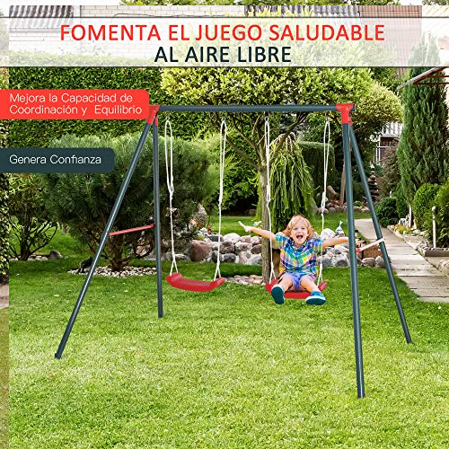 Outsunny Columpio Doble para Niños +3 Años con Soporte de Metal Juego de Columpio Infantil Cuerda Ajustable Exteriores Carga Máx. 40kg 220x160x180cm Verde Rojo