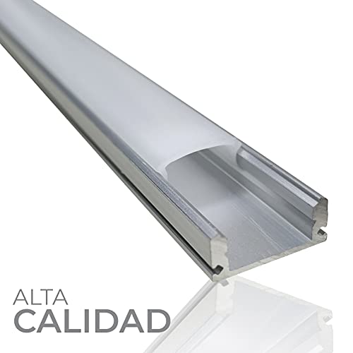 Pack 5x Perfil de Aluminio, 1 metro para Tira LED con Tapa Translucida. Tapones de los Extremos y clips de montaje Incluidos. Canaleta LED.