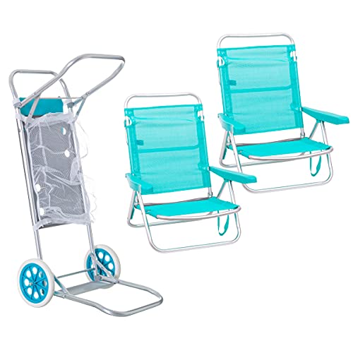 Pack de 2 sillas de Playa Aguamarina de Aluminio y textileno y Carro portasillas Nuevo y Mejorado - LOLAhome