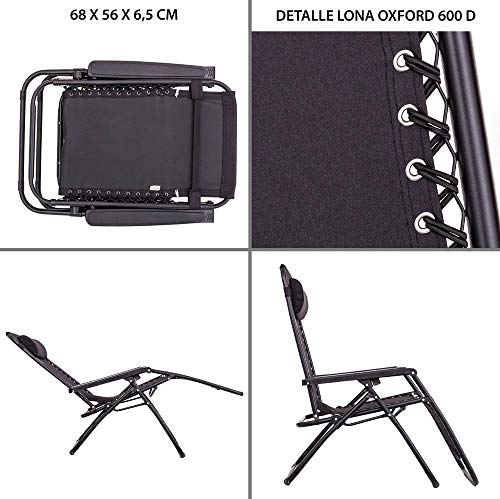 Pack de 2 sillas Gravedad Cero reclinables con Bloqueo de Seguridad de Tejido Oxford y Acero de 95x65x106 cm (Negro)