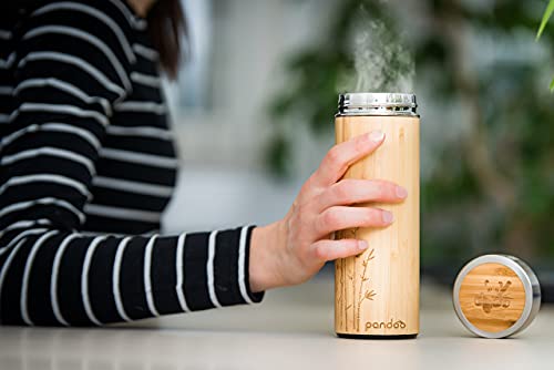 Pandoo Tea to-go Termo de bambú, botella térmica de doble pared, termo de viaje, termo para té, botella de agua con colador de té de acero inoxidable sin BPA