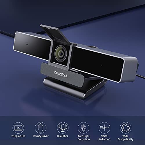 papalook Webcam 2K con Micrófono Estéreo,Trípode y Web CAM Cover, Cámara Web Plug & Play para Video Chat y Grabación, Compatible con Windows, Mac y Android