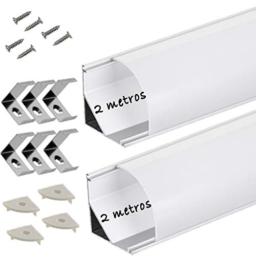 Perfil de aluminio para LED tira con difusor opaco PACK 4 metros angular L,barra disipador en angulo de 90º en tiras de 2 mts, canal con soporte de montaje,tapas finales