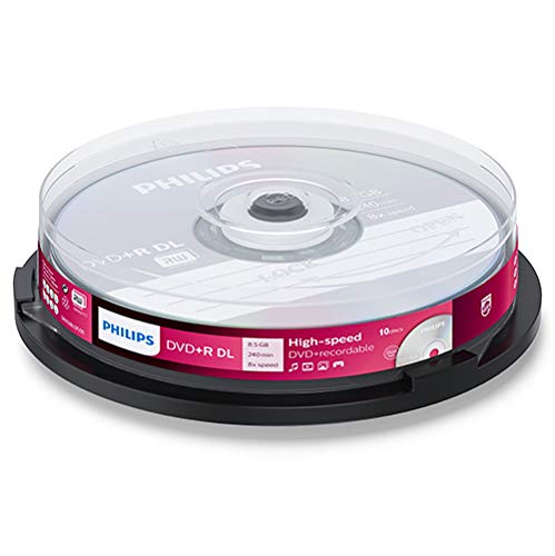 Philips DVD+R - DVD+R (8,5 GB de datos/240 minutos de vídeo, 8 x alta velocidad, husillo de 10 unidades, doble capa DL)