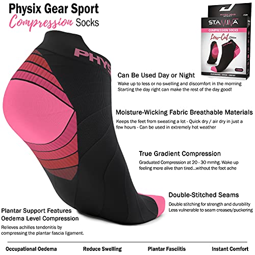 Physix Gear Sport Calcetines running hombres y mujeres, los mejores calcetines de compresión, calcetines tobilleros para la fascitis plantar hombre y mujer, 2 pares, S/M rosa/negro