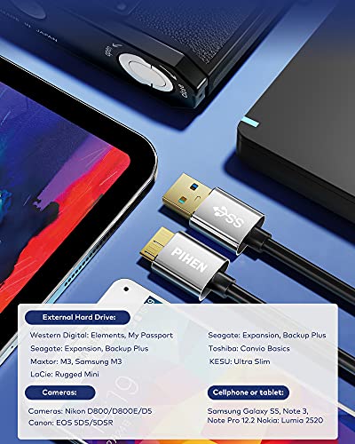 PIHEN Micro B Cable，USB 3.0 a Micro USB 3.0 Cable sincronización con conector de aluminio para Toshiba Canvio, disco duro externo WD, Samsung Galaxy S5, nota 3 y más (2m)