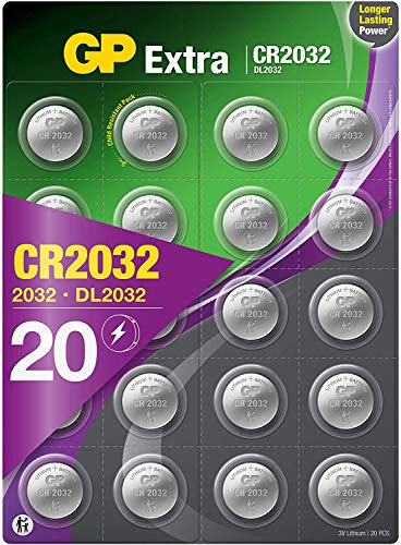 Pilas CR2032 - Paquete de 20 Unidades | GP Extra | CR2032, 3V, Boton de Litio | Duración Larga, Tecnología Anti-Fugas, Rendimiento Elevado