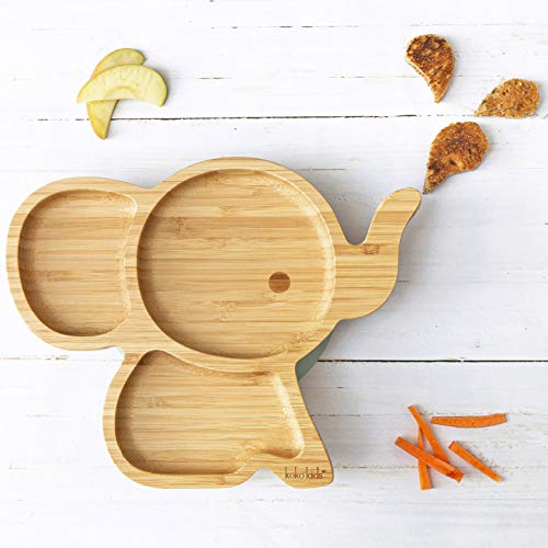 Plato Bambu de Elefante con Ventosa ~ Hecha de Bambú Natural ~ Plato de alimentación para bebés y niños pequeños con un aro de succión fuerte