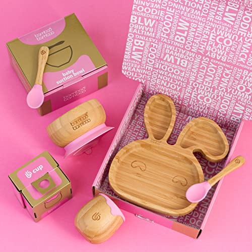 Plato con ventosa de succión para bebés y niños pequeños, queda en su sitio, hecho de bambú natural rosa rosa