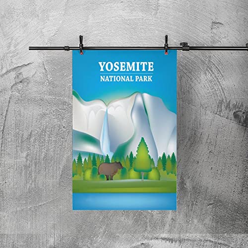 Póster de viaje vintage del Parque Nacional de Yosemite con diseño de cascada de lago y cascada de ganado de la Virgen de la Selva del Lago de la Cascada de ganado