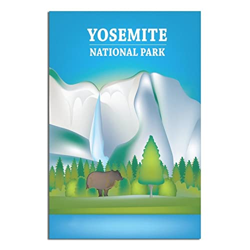 Póster de viaje vintage del Parque Nacional de Yosemite con diseño de cascada de lago y cascada de ganado de la Virgen de la Selva del Lago de la Cascada de ganado