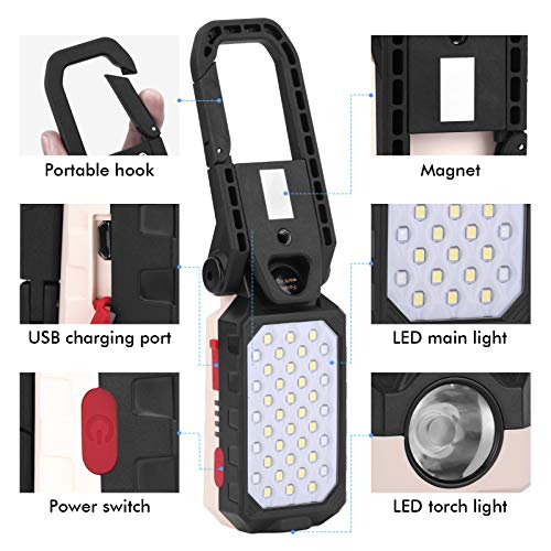 Powerole - Linterna LED de trabajo, recargable por USB, luz de inspección magnética, luz de inspección plegable, luz de camping portátil para reparación de emergencia de coche