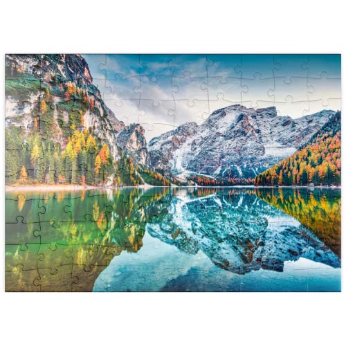 Primeras Nieves En El Lago Braies. Colorido Paisaje Otoñal En Los Alpes Italianos - Premium 100 Piezas Puzzles - Colección Especial MyPuzzle de Puzzle Galaxy