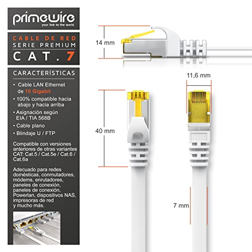 Primewire - 10m - Cable de Red Plano Cat.7 - Cable Gigabit Ethernet - LAN 10 Gbps -Revestido de PVC - Apantallamiento U FTP PiMF con Conector RJ45 - Compatible Switch Rúter Modem PC portátil Smart-TV