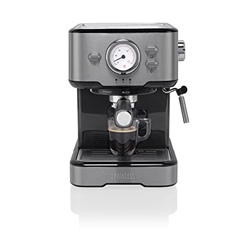Princess 249412 Máquina de café para Espresso italiano, Compatible con cápsulas Nespresso, 20 bares de presión, Depósito extraíble de 1.5L, 1100 W, 1 o 2 tazas , Negro