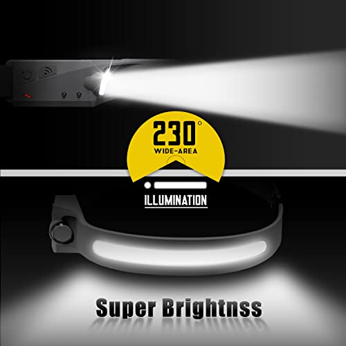 Pristar LED Linternas Frontales COB Impermeable USB Recargable Frontal con 5 Modos COB Linterna Frontale para Correr de Noche para Bicicleta, Pasear Perros, Acampar, Caminar, Pescar, Gris