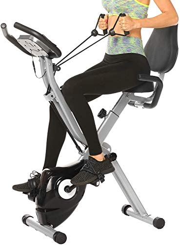 Profun Bicicleta Estática Plegable de Fitness con Respaldo Xbike con App Pantalla LCD 10-Niveles Ajustable para Ejercicio Entrenamiento en Casa (Gris+Respaldo)