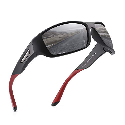 Pukclar Gafas de Sol Hombre Polarizadas, Deportivas, para Ciclismo, para Mujer, Protección UV400, Cat 3 CE Marco Negro C2 / Cat 3 Gris. L