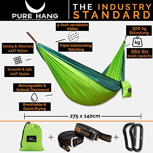 PURE HANG Premium Camping Hammock Outdoor Ultraligero Viaje Hamaca paracaídas de Seda, 300 kg de Carga 275x140cm, con suspensión de Accesorio de Hamaca Incl. Mosquetón Viaje Playa jardín