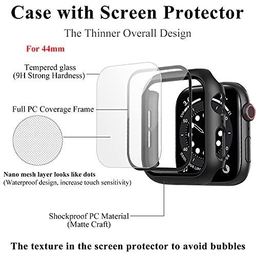 Qianyou Compatible con Apple Watch 44mm Serie 6/SE/5/4 Funda+Cristal Templado, PC Case y Vidrio Protector de Pantalla Integrados, Slim Cover de Bumper y Protector Pantalla (Negro)