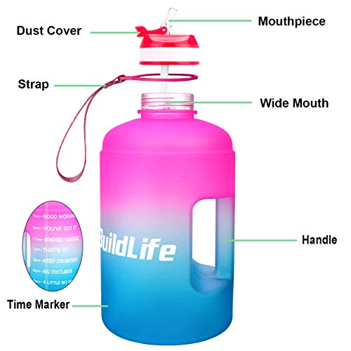 QuiFit Botella de 2,2 l con estampado: Botella grande para beber con ánimo y pajita, para fitness, gimnasio, viajes, correr, a prueba de fugas, botella de agua, sin BPA, color rosa y azul, 2,2 l