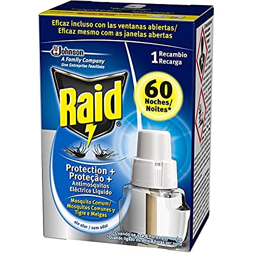 Raid ® Recambio Eléctrico Líquido Protección+ 60 noches - Cargador para aparato anti mosquitos comunes y tigre con difusor regulable