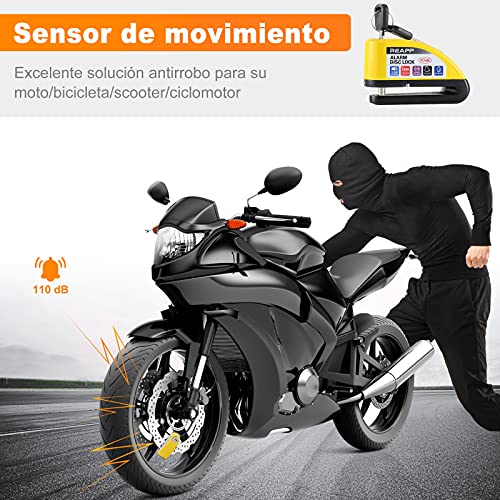 REAPP Candado Moto Disco con Alarma 110 DB, Antirrobo Moto Freno 7mm con Accesorios 1.5m Cable Recordatorio y Candado Bolsa, Pinza Moto Antirrobo para Motocicletas Bicicleta