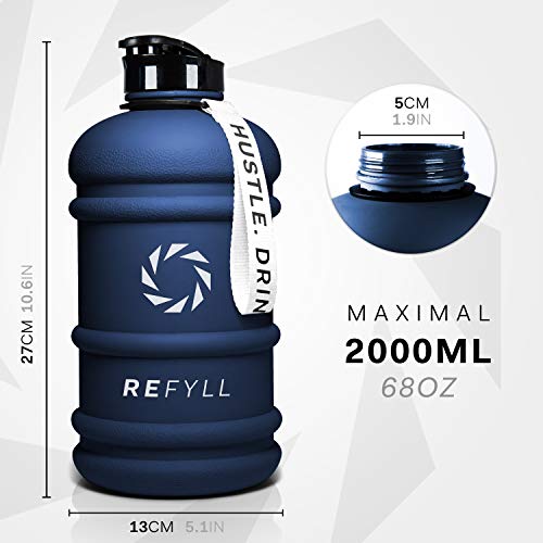 REFYLL Botella Deportiva de 2 litros de Capacidad, champFYLL, Robusta Botella de Agua de 2 litros, para Gimnasio, Fitness y Entrenamiento, 2200 ml, Botella de 2 litros (Azul Marino)
