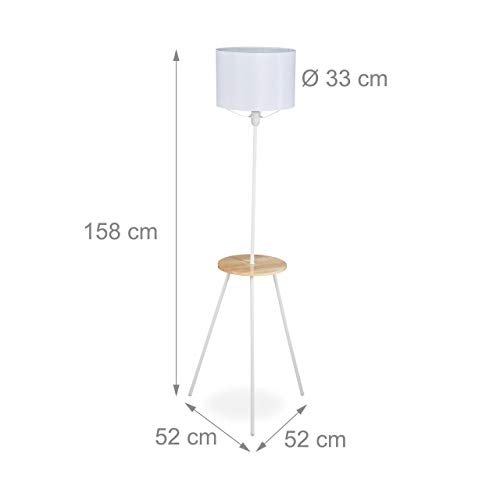 Relaxdays Lámpara de pie con mesa, Trípode, Alto, E27, Iluminación de salón, 158 x 52 x 52 cm, Blanco & Marrón