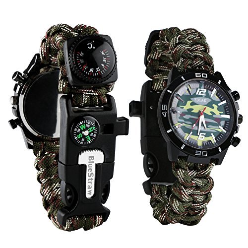 Reloj de supervivencia de pulsera 6 en 1, multifuncional, impermeable, con cuerda de paracaídas, silbato, pedernal, rasqueta, brújula y termómetro, Camouflage green