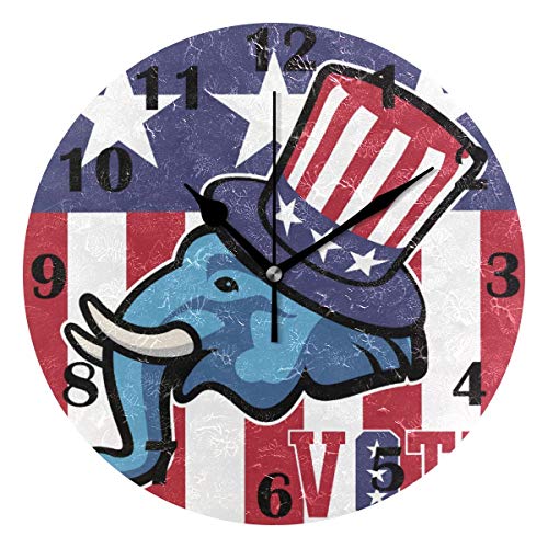 Reloj Pared Poste del Vector del Elefante del Partido Republicano Reloj De Pared Redondo No Tick Tack Ruido Wall Clock Números Grandes Reloj De Pared Circular para El Salón, La Casa, Oficina