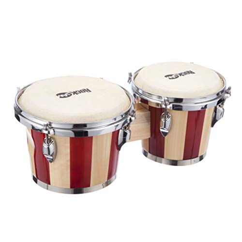 RockJam 7 pulgadas y 8 pulgadas bongo conjunto con la bolsa acolchada y llave de ajuste de rayas rojas y naturales