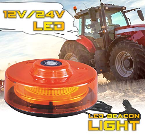 Rotativo Ámbar LED Extra Plano 48 LEDs Señalización Advertencia 12/24V - Homologado R65, 3 Funciones Flash Rotación Destello, Pirulo Tractor, Luz Emergencia Vehículos agrícolas, Base imán