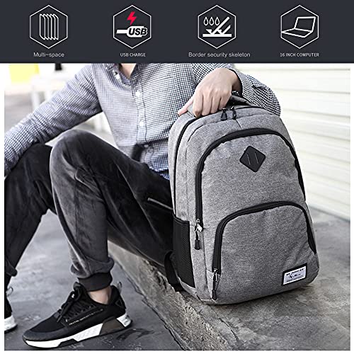 Roysmart Mochila para portátil y escolar, para hombre, con puerto de carga USB, resistente al agua, ligera, minimalista, para negocios, camping al aire libre, 15 pulgadas (gris)