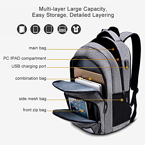 Roysmart Mochila para portátil y escolar, para hombre, con puerto de carga USB, resistente al agua, ligera, minimalista, para negocios, camping al aire libre, 15 pulgadas (gris)