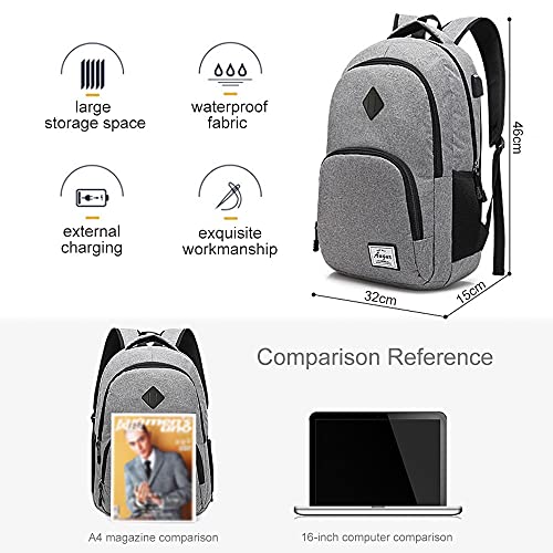 Roysmart Mochila para portátil y escolar, para hombre, con puerto de carga USB, resistente al agua, ligera, minimalista, para negocios, camping al aire libre, 15 pulgadas (gris)