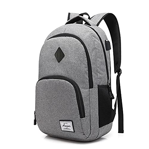 Roysmart Mochila para portátil y escolar, para hombre, con puerto de carga USB, resistente al agua, ligera, minimalista, para negocios, camping al aire libre, 15 pulgadas (gris)