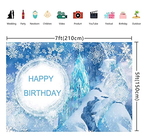 RUINI Frozen Castle Ice Crystal telón de fondo de invierno copos de nieve fondo azul para niños, fiesta de cumpleaños, decoración de mesa de fondo (7 x 5 pies)