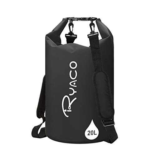Ryaco Premium Bolsa estanca 10L Impermeable Seca PVC- Set de Bolsa Waterproof con Funda táctil de móvil y Bolsa Cintura para Playa y Deportes al Aire(Rafting/Kayak/Senderismo/esquí) (Negro, 10L)