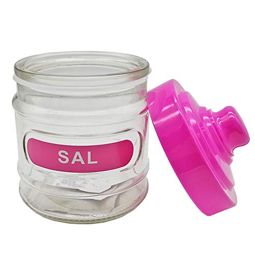 Salero de cocina de cristal redondo, 280 ml, con tapa de plástico, 10,5 x 8,3 cm. Bote, frasco, recipiente para guardar sal y otros condimentos (Rosa)