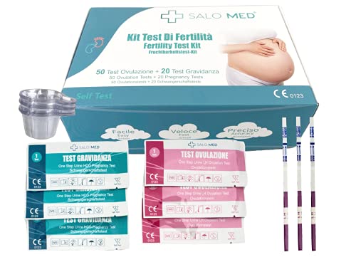 SALO MED - 50 pruebas de ovulación + 20 pruebas de embarazo - Tiras reactivas de orina empaquetadas individualmente (50 LH + 20 HCG) con 70 tazas de orina incluidas