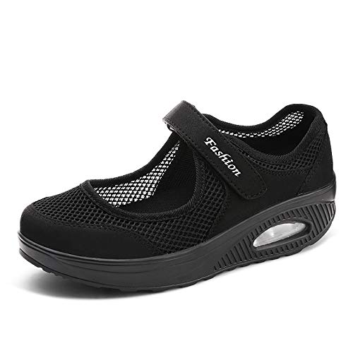 Sandalias para Mujer Malla Merceditas Plataforma Ligero Zapatillas Sneaker Casual Zapatos de Deporte Mocasines Negros Veran