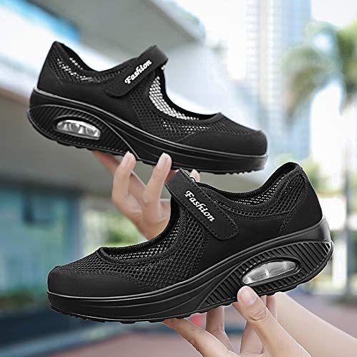Sandalias para Mujer Malla Merceditas Plataforma Ligero Zapatillas Sneaker Casual Zapatos de Deporte Mocasines Negros Veran