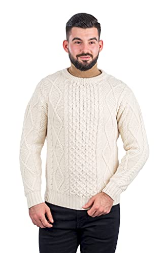 SAOL Irlandés de punto de los hombres cuello redondo Aran suéter - marr�n - Medium