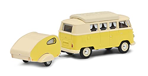 Schuco VW T1 Camper con Remolque de Caravana, autobús con Techo de Camping Cerrado, Modelo de Coche, Escala 1:64, Amarillo (452026700)