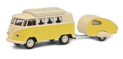 Schuco VW T1 Camper con Remolque de Caravana, autobús con Techo de Camping Cerrado, Modelo de Coche, Escala 1:64, Amarillo (452026700)