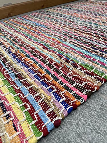 Second Nature Online Kadam Alfombra de trapo multicolor tejida con telas multicolor y diseño geométrico de punto blanco (60 cm x 90 cm)